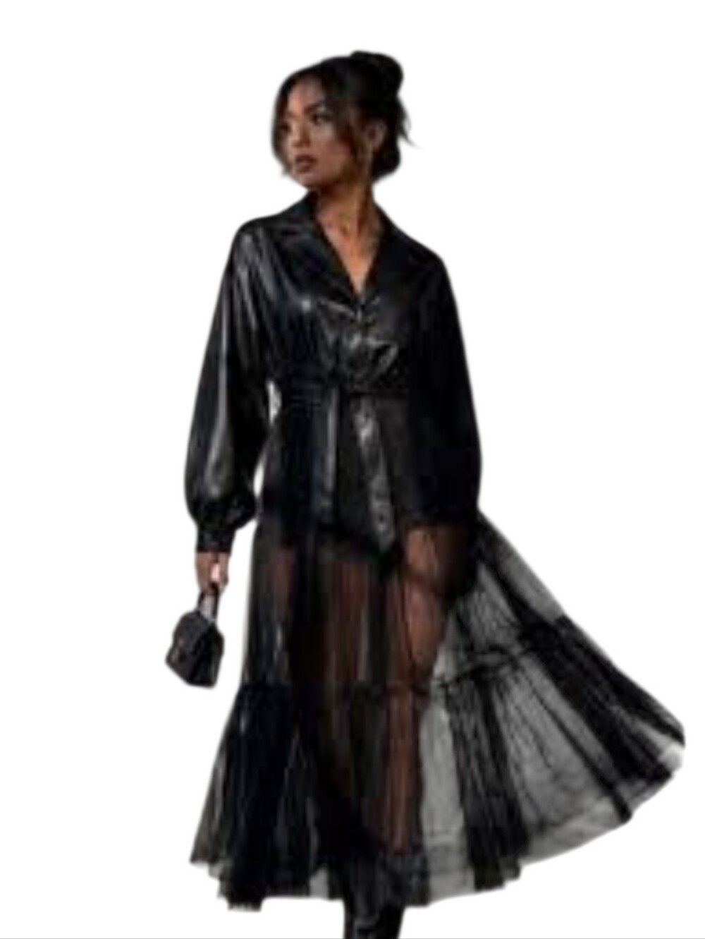 AKIRA Black Faux Leather  with Sheer Chiffon Dress